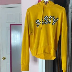 yellow pull over crop top hoodie